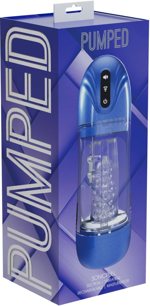 Pumpad vattendriven personlig massager i blått, med kontrollknappar längst upp och en transparent del längst ner.