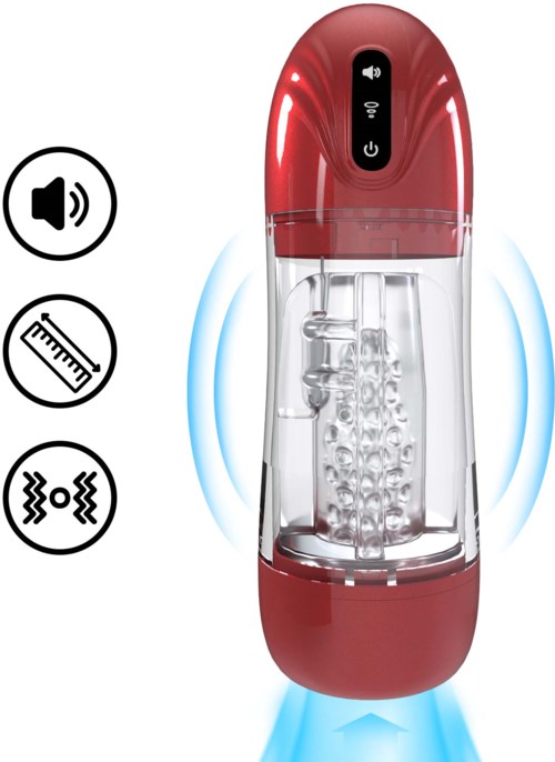 En röd och genomskinlig enhet med digital display, kombinerar vibrationer, ljud och temperaturfunktioner.