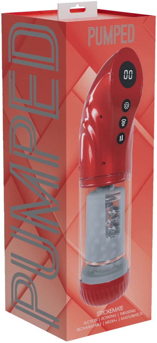En röd enhet i ett box med etiketten 'PUMPED' med digital display och knappar. Den ser ut som en personlig massager eller vibrator.