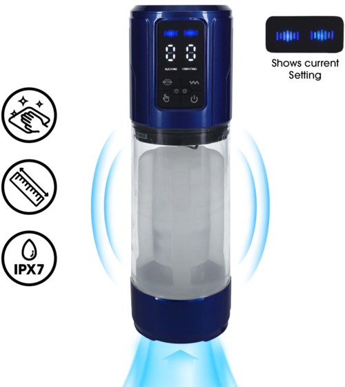A blue and black device with a digital display, showing current settings, and icons for touch, water, and IPX7.