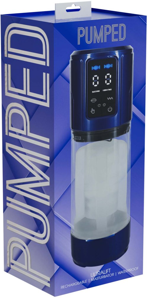 A blue boxed device labeled 'PUMPED' with a digital display, showing a container for liquid at the bottom.