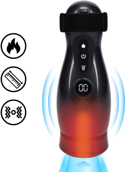 En handhållen enhet med digital display, avger blå och röda ljus, och ikoner för brand, temperatur och chock.