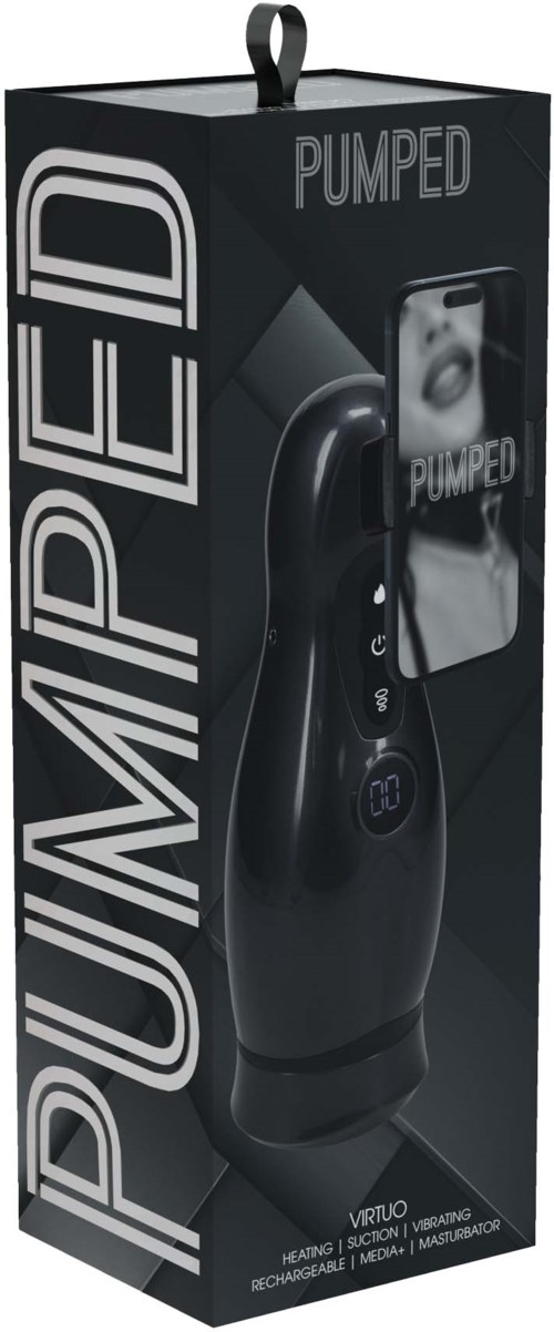 En svart produktförpackning med en handhållen massageapparat med kurvad form, digitaldisplay och ordet PUMPED.