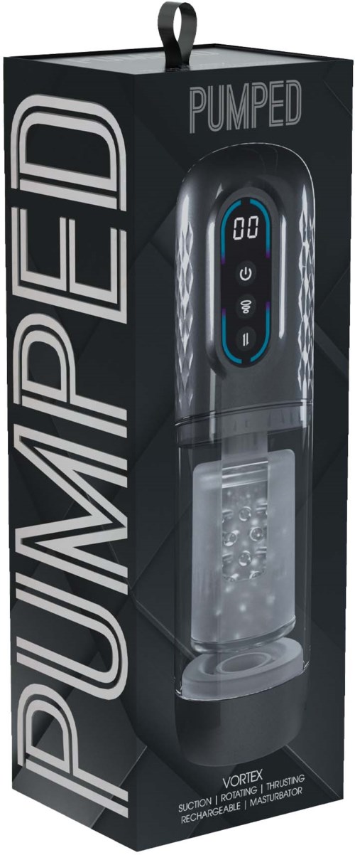 En pump med digital display och en genomskinlig del som visar vätska inuti, packad i svart med beskrivande text.