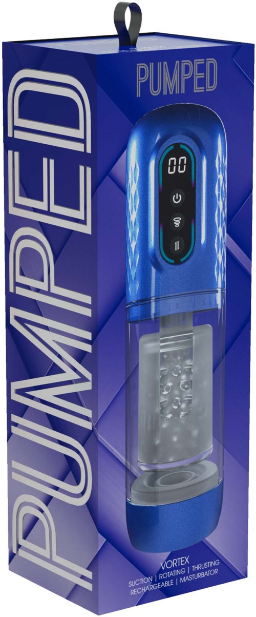 En blå elektronisk enhet i förpackning, märkt "Pumped" och "Supplied", med digital display och genomskinlig del.