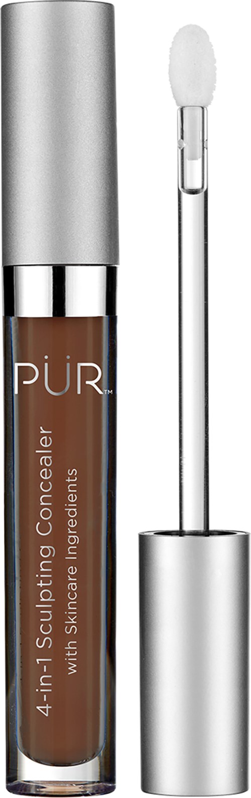A tube of PUR 4-in-1 concealer with a wiper applicator, silver cap, and brown liquid inside.