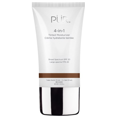 En vit tub märkt 'PUR 4-i-1 Tinted Moisturizer' med SPF 20 och en brun rand nära botten.