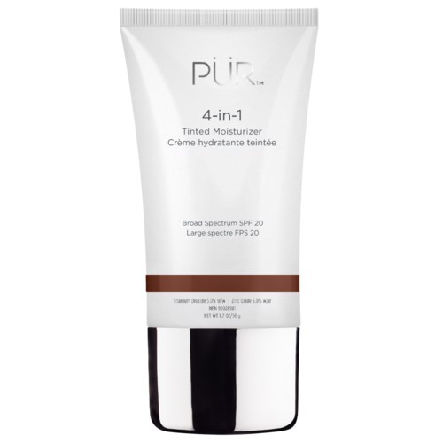 A white tube of PÜR tinted moisturizer with SPF 20, labeled 4-in-1, size 1 oz, featuring a black cap.