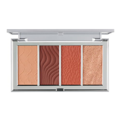En sminkpalette med fire nyanser: beige, rødbrun, korall og blank bronze. Alle har forskjellige teksturer.