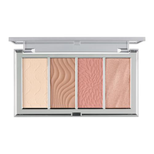 En sminkpalett med fire ulike nyanser av blush og highlighter, i et slankt sølv etui.