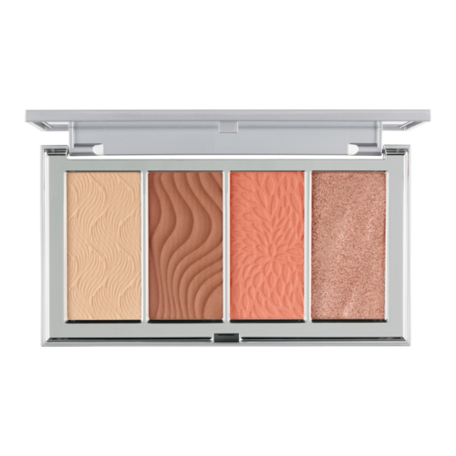 En sminkpalett med fire ulike nyanser av blush: lys beige, brunt, korall og skimmer rosa.