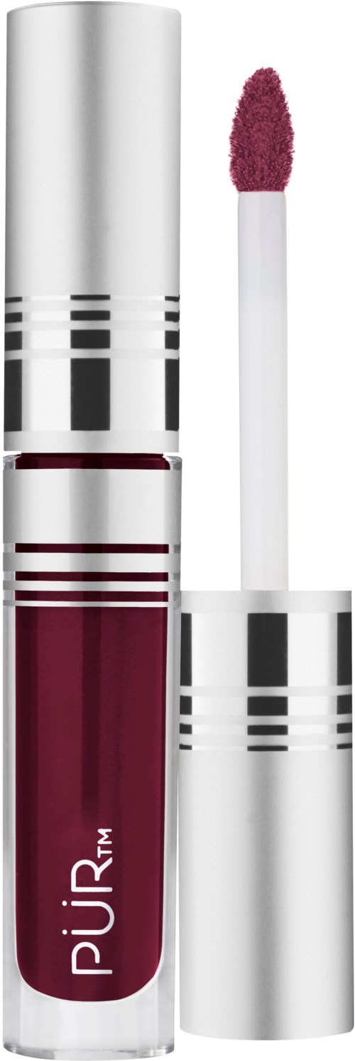 En mörkröd flytande läppstift med silver- och svartlock, och en borste med rosa applikator.