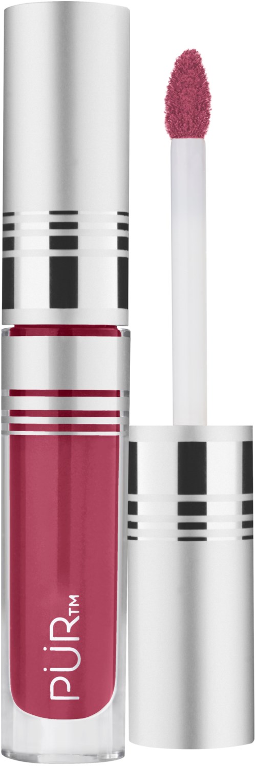 En tub med rosa läppglans eller flytande läppstift med en silverlock och applikatorstav. Varumärket är PÜR.