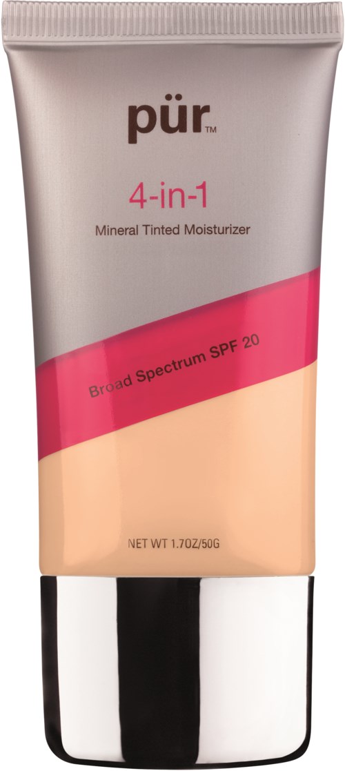 En tub med fuktighetskräm med rosa och beige design, märkt 'pür 4-in-1' med SPF 20.