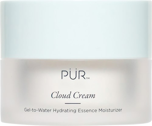 En vit burk med ljusblått lock säger 'PUR Cloud Cream Gel-to-Water Hydrating Essence Moisturizer'.