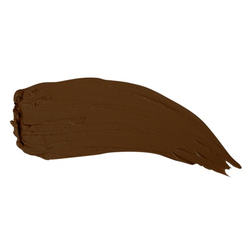 Ett brett, kurvat drag av brunt färg eller makeup på en vit bakgrund.