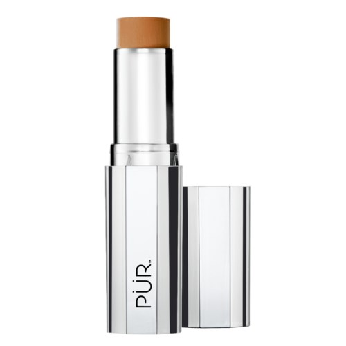 A silver lipstick tube with the brand name 'pÜR' and a beige lipstick inside.