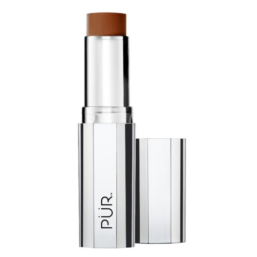 En silver makeup-penna med en brun topp och märket 'pÜR' på sidan.
