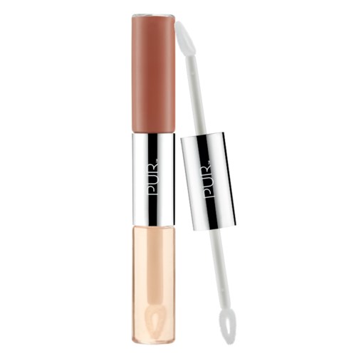 En beige stift med ett klart lock, en vit vändning och en glänsande silverremsa med ordet "PUUR".
