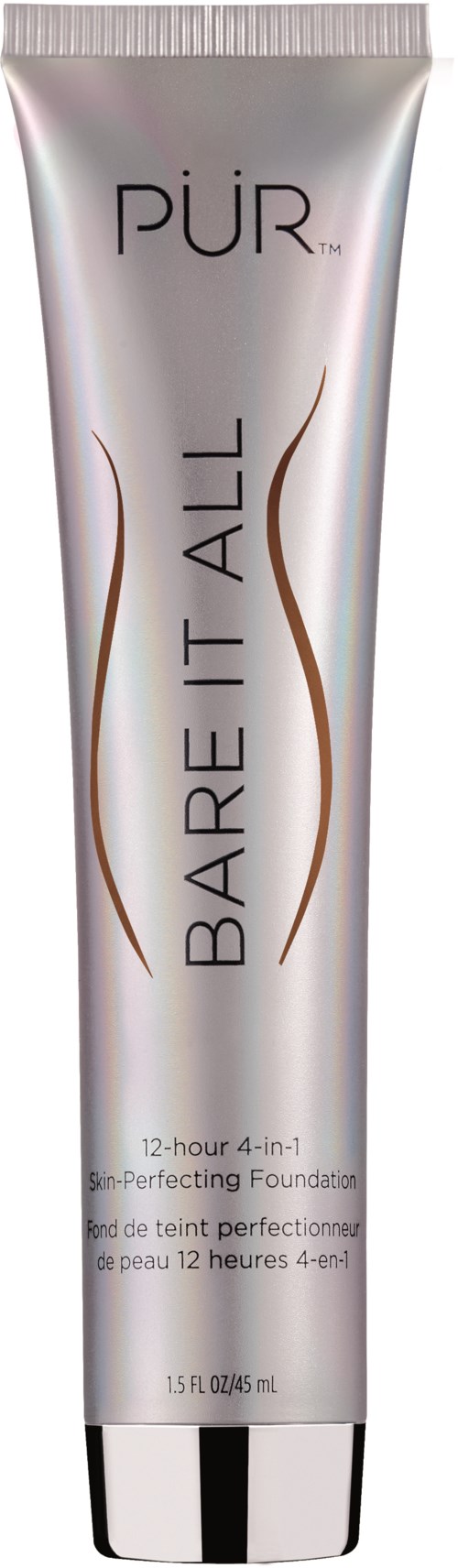 En silver tub av PÜR Bare It All foundation, 12 timmar hållbar, 4-i-1 hudförbättrande makeup, 0,45 fluid ounces.