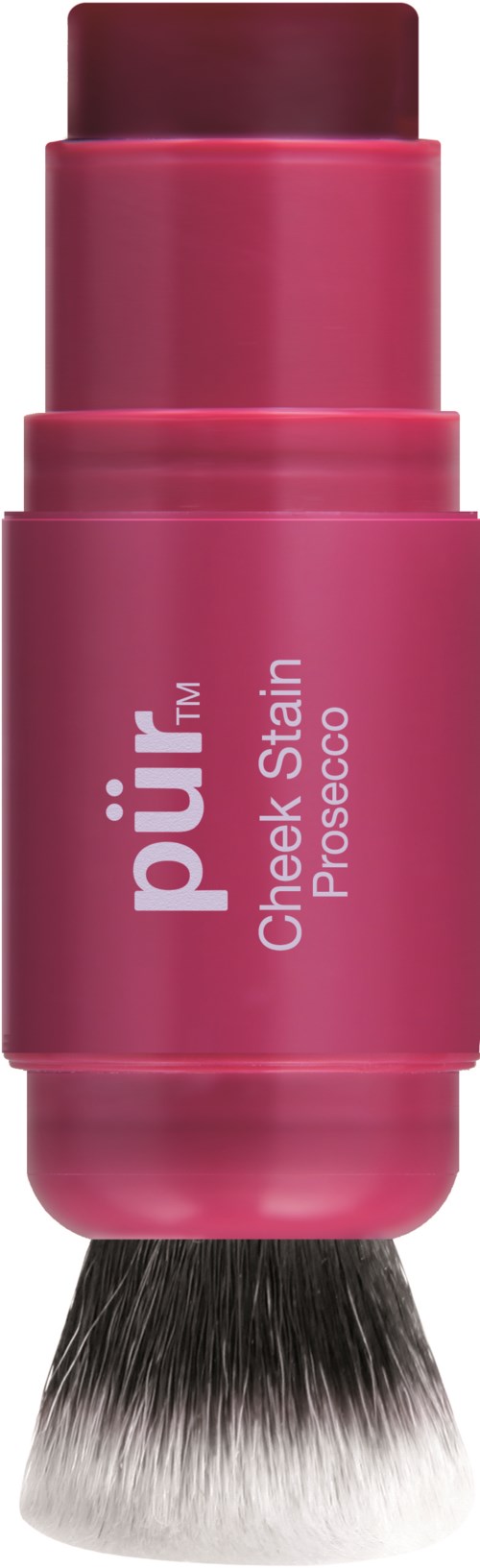 En rosa läppstift med inbyggd borste, märkt 'pür Cheek Stain ProSecret 60.'