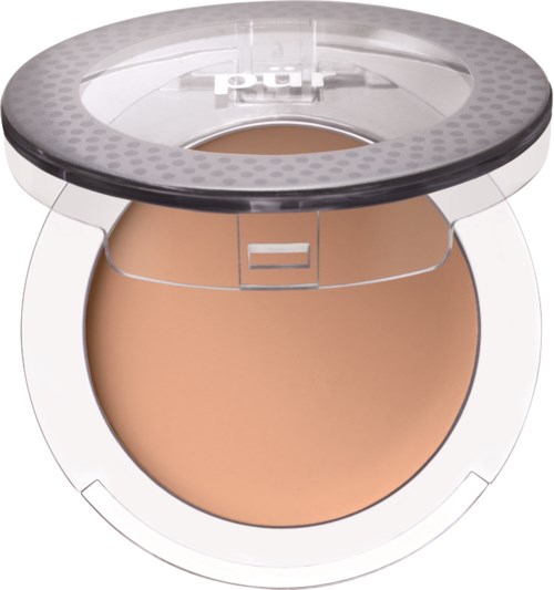 Et kompakt Makeup-pudder med klar lokk og beige nyanse inni.
