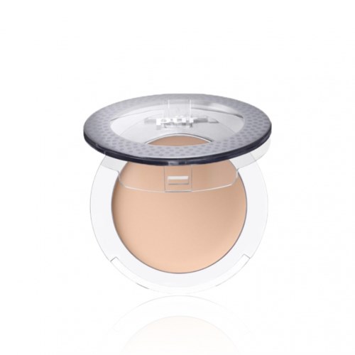 En kompakt, rund makeup puder med ett transparent lock och ett beige pulver inuti.