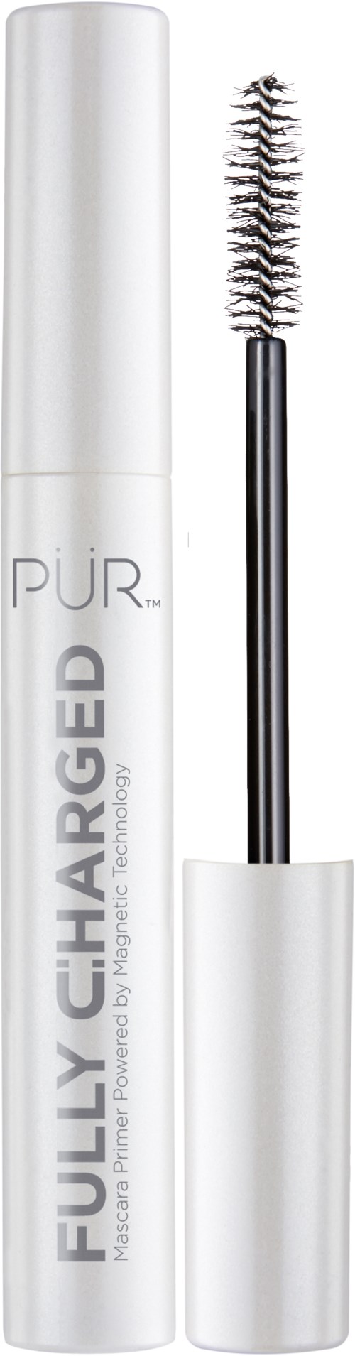 A white tube of tinted brow gel with a brush inside, labeled 'FULLY CHARGED' and brand 'PUR'.