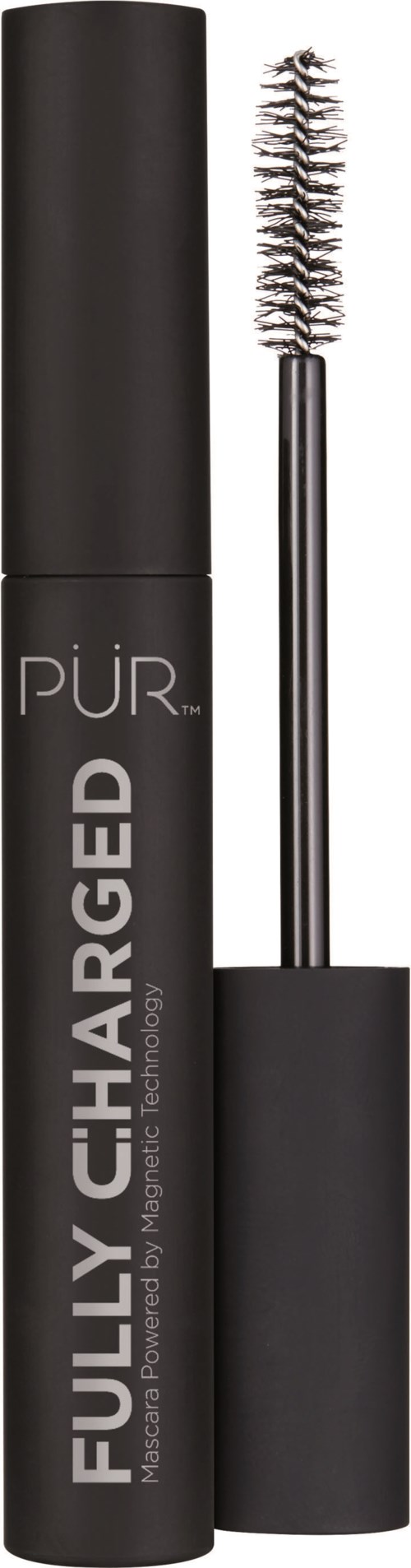 A black mascara tube with a brush applicator, labeled 'FULLY CHARGED' and 'PUR'.
