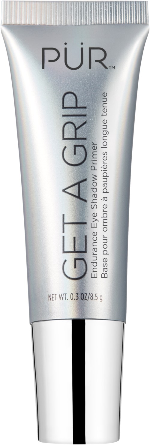 A silver tube with black and white text, labeled 'PÜR Get a Grip' and 'Endurance Eye Shadow Primer'.