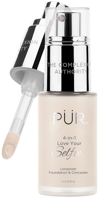 En beige foundationflaske med pumpe og dropper, mærket 'PUR 4-in-1 Love Your Selfie'.