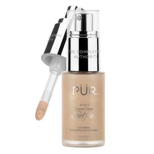 En beige foundationflaske med pipette og sølvhætte, mærket 'PUR 4-in-1 Love Your Self'.