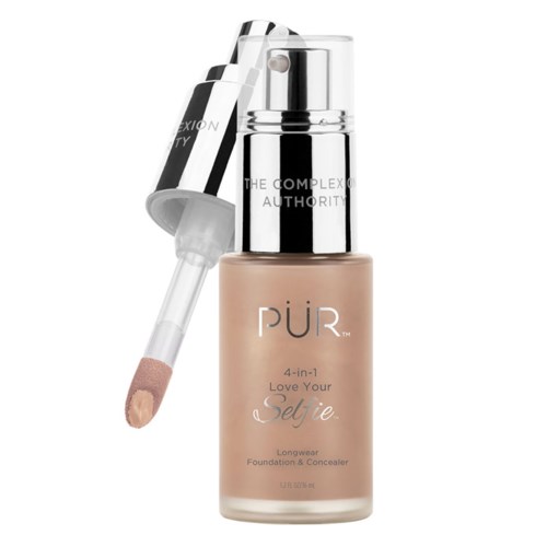 A beige foundation bottle with a silver cap, a pump, and a swab showing a light makeup application.