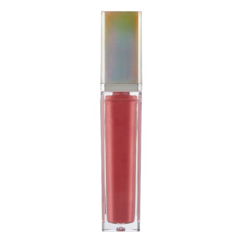 En läppglans med tydlig behållare och en glänsande, regnbågsfärgad kapsel. Den är fylld med rosa gloss.