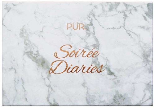 En vit marmorbakgrund med guldtiteln "PÜR Soirée Diaries."