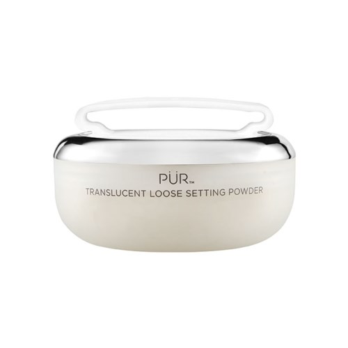 En hvit krukke merket 'PUR Translucent Loose Setting Powder' med gjennomsiktig lokk. Det er et makeup-produkt.