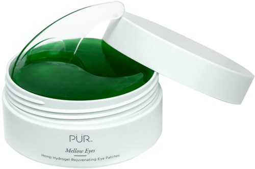 Grön gel i en vit behållare, märkt "PUR Mellow Eyes," för ögonlappar. Locket är öppet.