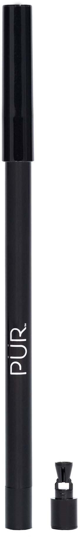 A black makeup pen with a removable cap and a small attached brush at the bottom.
