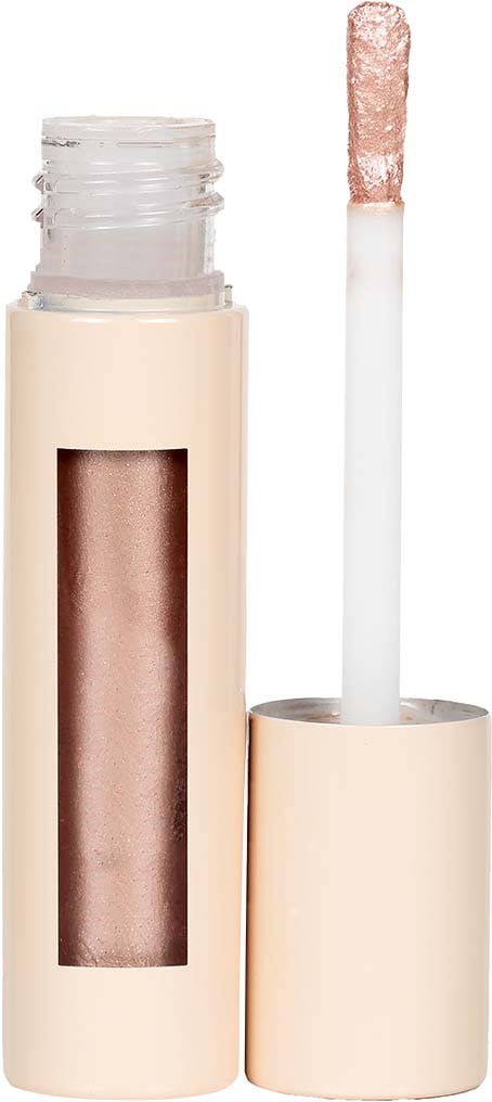 A lip gloss tube with a shiny, metallic rose gold shade, the wand applicator is visible with gloss on it.