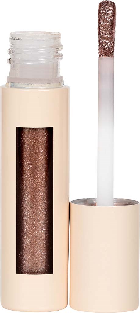 A beige lip gloss tube with a shimmery brown gloss visible inside, and the applicator with gloss on it.