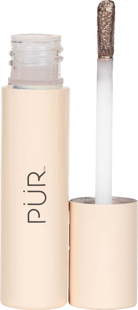 En beige læbepommerør med åben låg, viser applikatorpenslen med glitterprodukt.