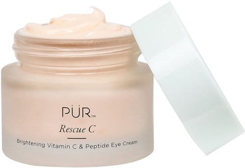Ein Glas mit Augencreme, weißer Deckel, beschriftet 'PUR Rescue C Brightening Vitamin C & Peptide Eye Cream.'