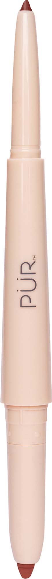 En rosa dubbeländad makeup-penna med märket pÜR skrivet på den.