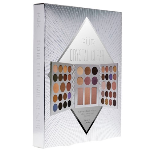 A makeup palette with many colorful eyeshadows and face products inside a shiny, diamond-shaped box.