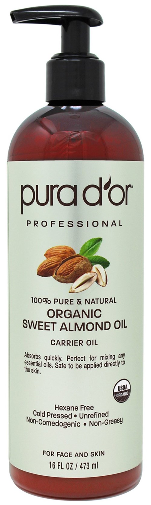 Pura D'or Pro Label Organic Sweet Almond Oil 473 ml