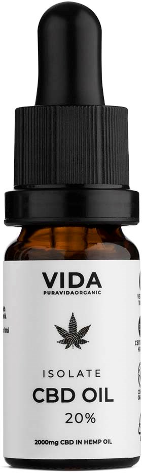 En liten bägare med svart droppkork märkt 'VIDA CBD OIL 20%'.
