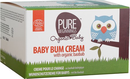 En kartong med ekologisk babykräm med en söt uggleillustration och gräsdesign.