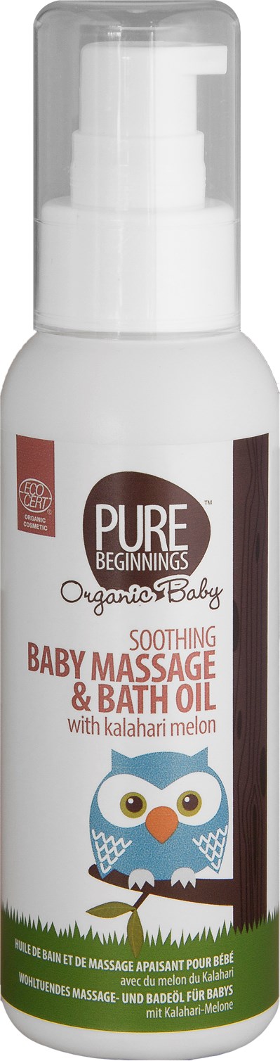 En vit flaska med pump, märkt för baby massage och badolja med uggleillustration och melon.