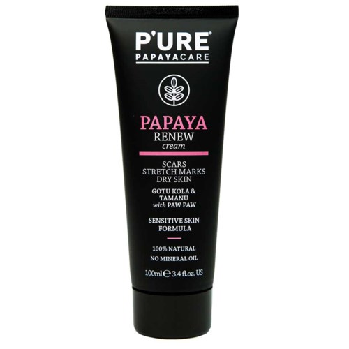 Black tube of skincare cream with pink and white text, supporting skin renewal, scars, and dry skin.