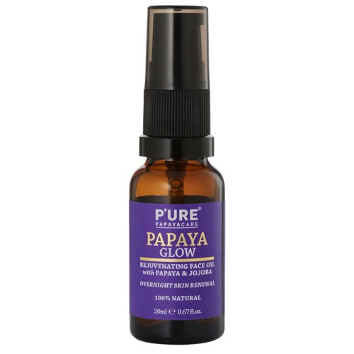 En liten brun flaska med pump, märkt 'Papaya Glow' ansiktsolja för hudförnyelse, naturliga ingredienser, 20 ml.